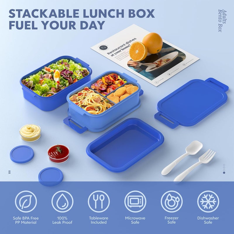 Jelife Adult Bento Lunch Box - 3 Layers Stackable Bento Lunch Box for Adults, 72oz Large All-in-One Bento Box Leak-Proof Lunch boxes with Utensil Sauce Containers, Ideal for Dining Out,Work, Blue - Image 3